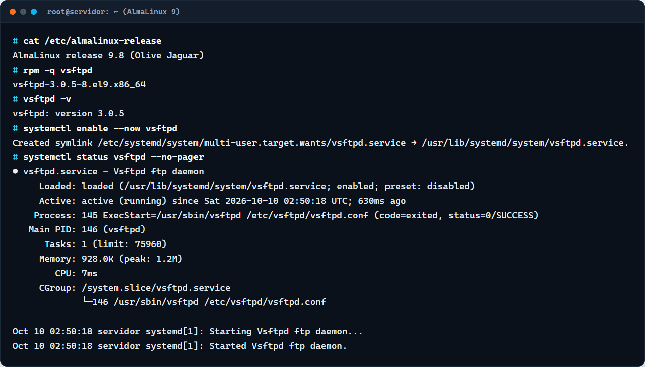 Terminal do AlmaLinux 9.8 com vsftpd 3.0.5 instalado e o serviço vsftpd ativo no systemctl status