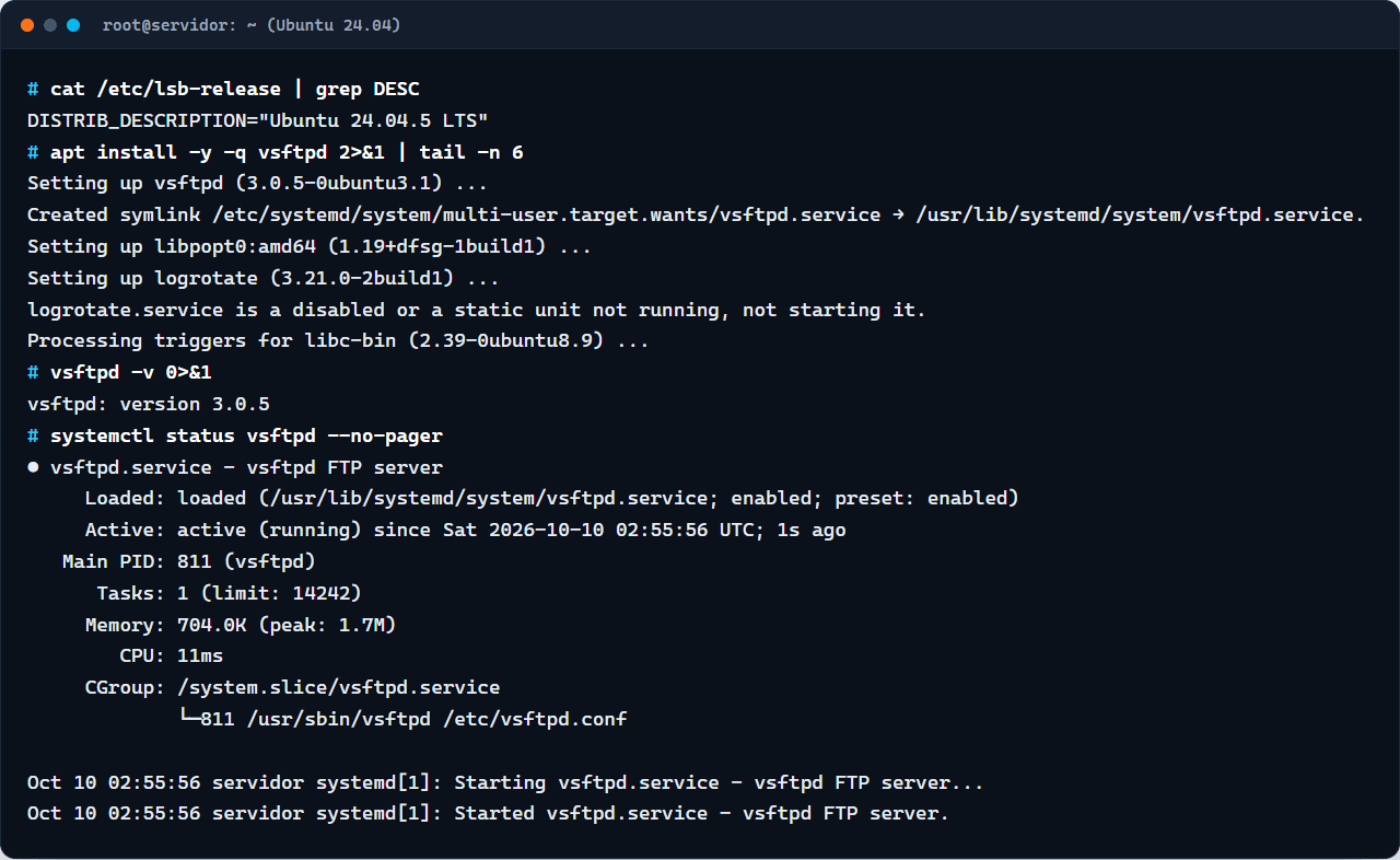 Terminal do Ubuntu 24.04.5 com a instalação do pacote vsftpd 3.0.5 e o serviço ativo