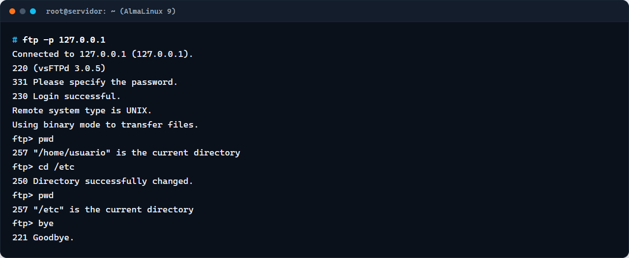 Sessão FTP sem chroot em que o usuário entra e consegue mudar para a pasta /etc do servidor