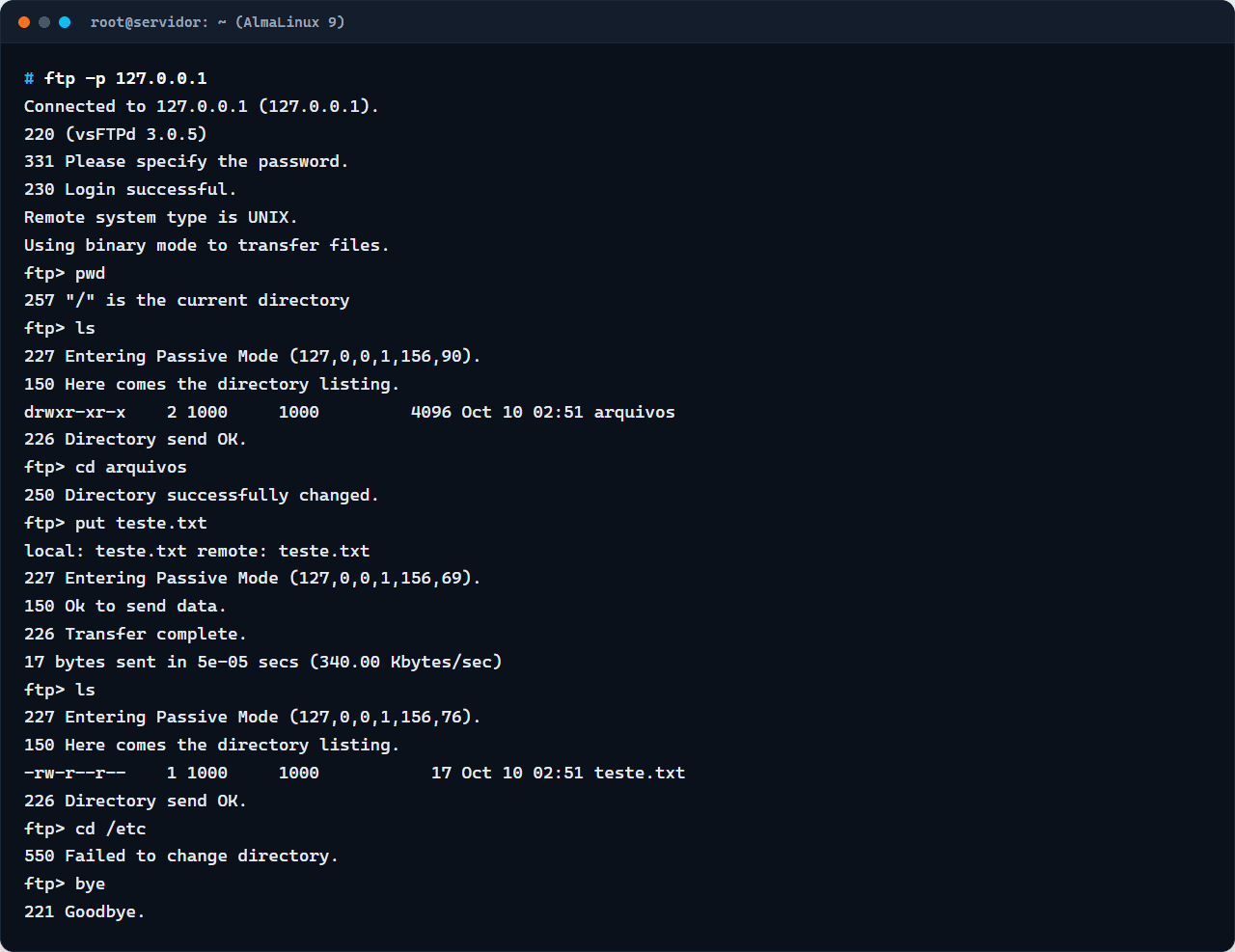 Sessão FTP com chroot: a raiz é a pasta do usuário, o envio de arquivo funciona e o acesso a /etc é negado