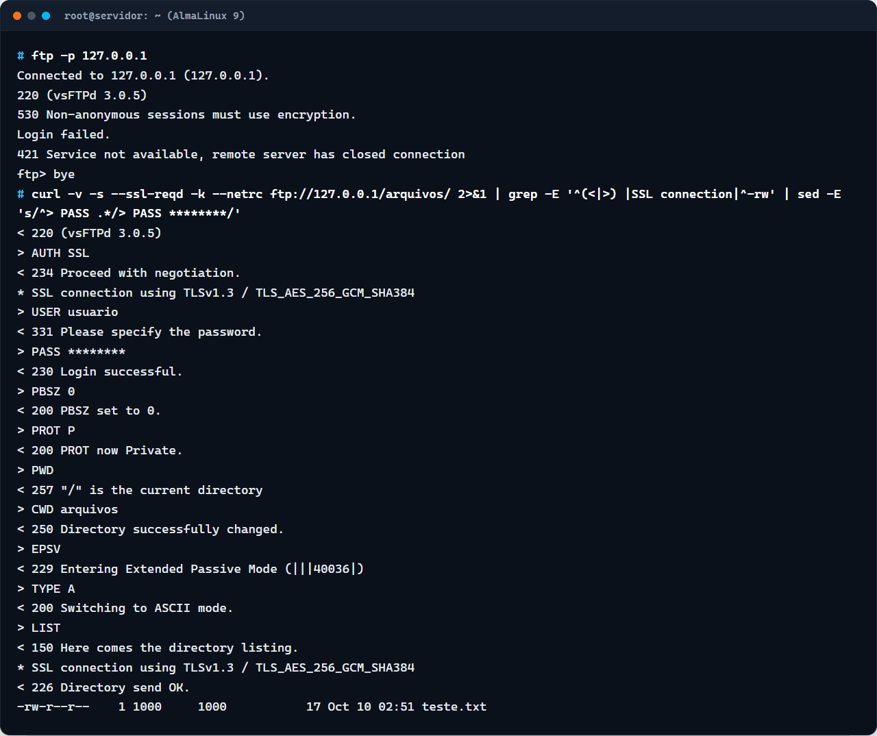 Teste com FTP sem TLS recusado com erro 530 e conexão FTPS aceita com TLS 1.3 pelo curl